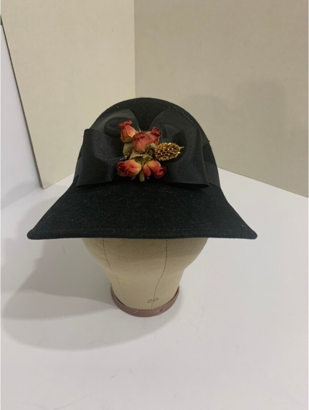 Vintage 1990s Two Girls NYC Bollman Black Doeskin Wool Felt Hat Floral Bow